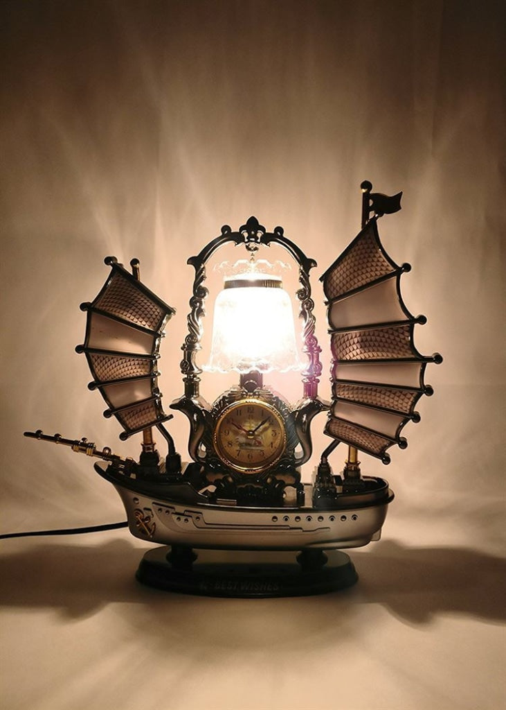 FunkyTradition Yellow Mettalic Dragon Sailboat Vintage Pirates Ship Table Lamp with Alarm Clock for Christmas, Anniversary, Birthday Gift, Home and Office Decor