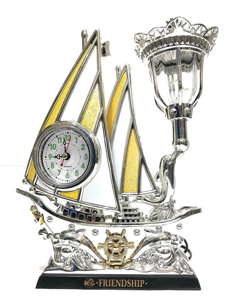 FunkyDecors Yellow Silver Flag Vintage Pirates Ship Table Lamp with Alarm Clock for Christmas, Anniversary, Birthday Gift, Home and Office Decor