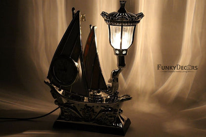 FunkyTradition Yellow Silver Flag Vintage Pirates Ship Table Lamp with Alarm Clock for Christmas, Anniversary, Birthday Gift, Home and Office Decor