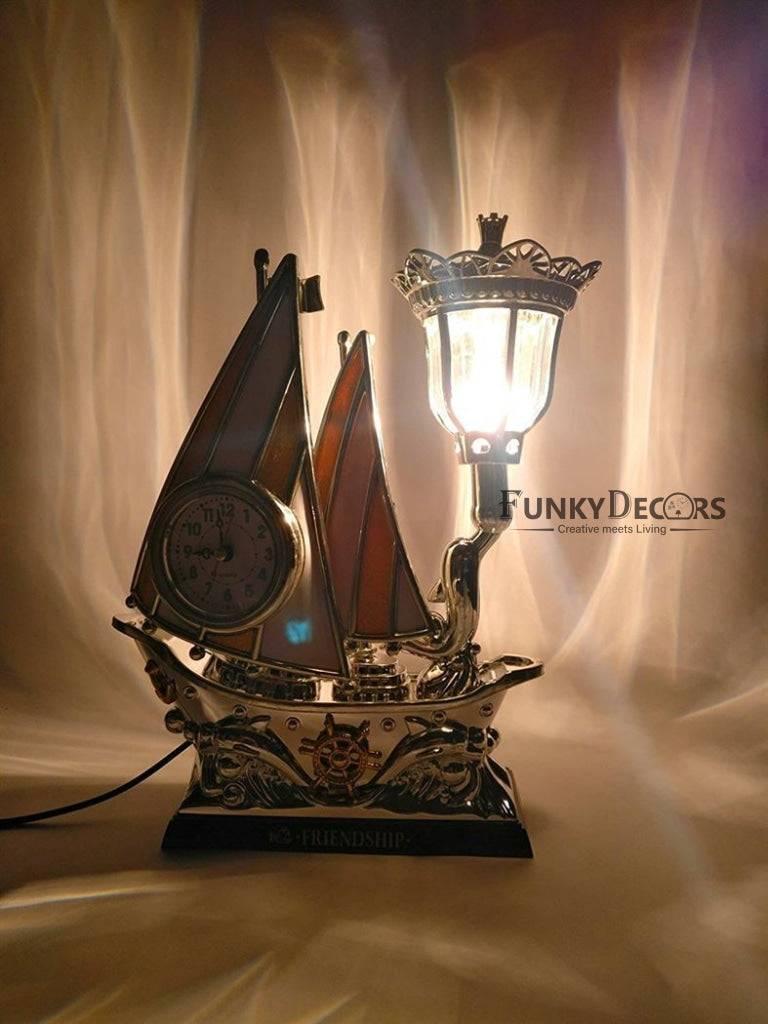 FunkyDecors Yellow Silver Flag Vintage Pirates Ship Table Lamp with Alarm Clock for Christmas, Anniversary, Birthday Gift, Home and Office Decor