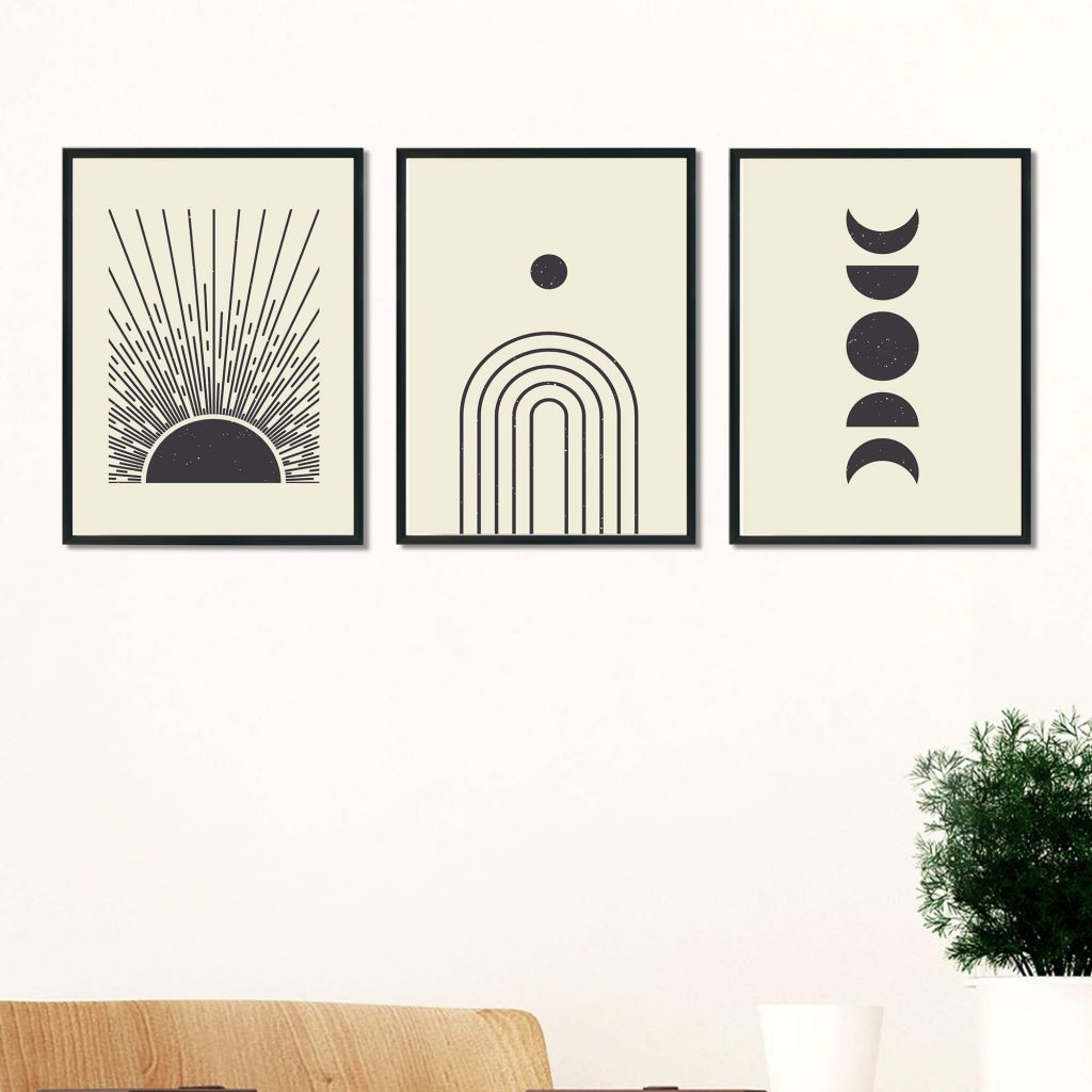 Geometric Moon 3 Panels Art Frame For Wall Decor- Funkydecors Xs / Black Posters Prints &amp; Visual