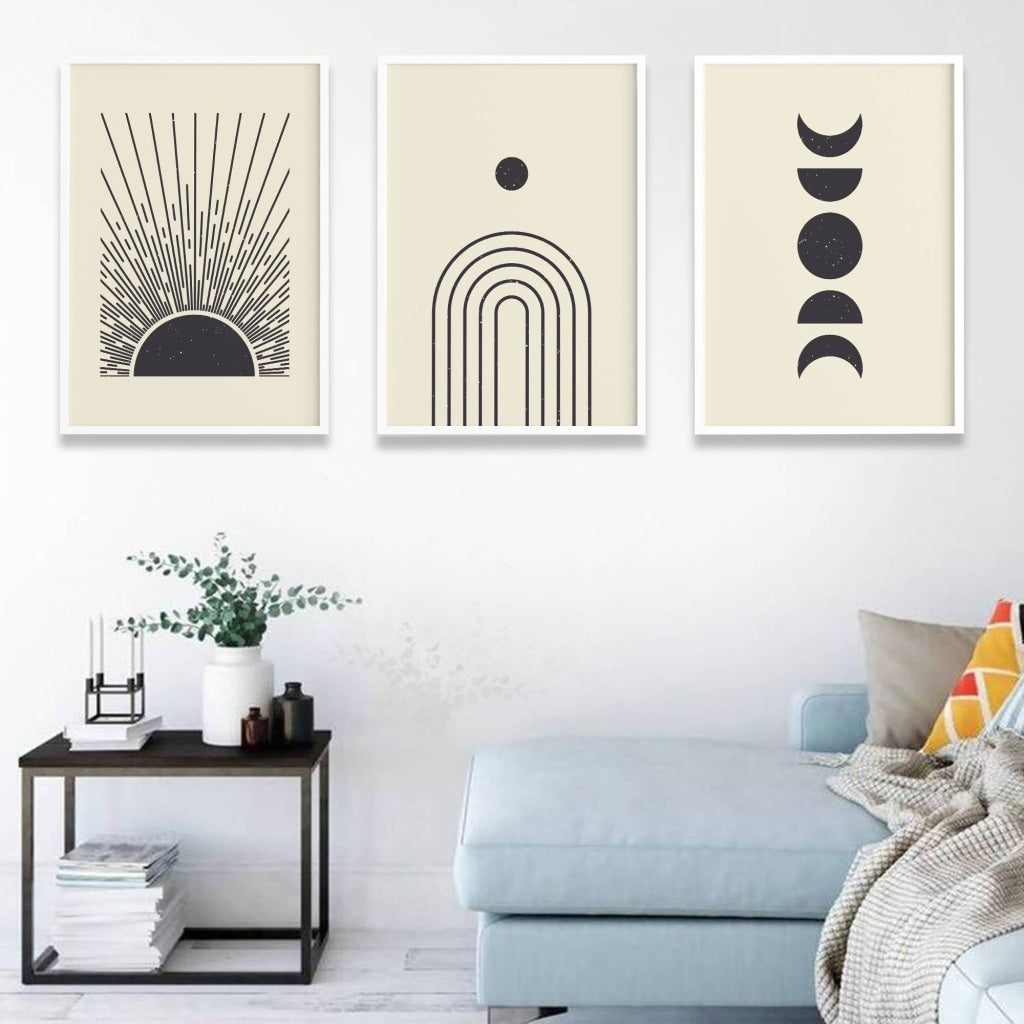Geometric Moon 3 Panels Art Frame For Wall Decor- Funkydecors Xs / White Posters Prints &amp; Visual