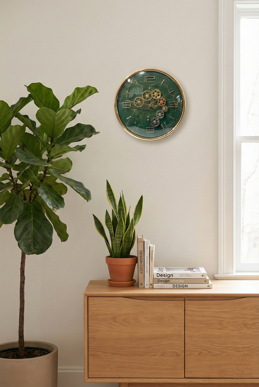 green decorative wall clocks with gold metallic frames and Roman numeral markers on a light gray background.