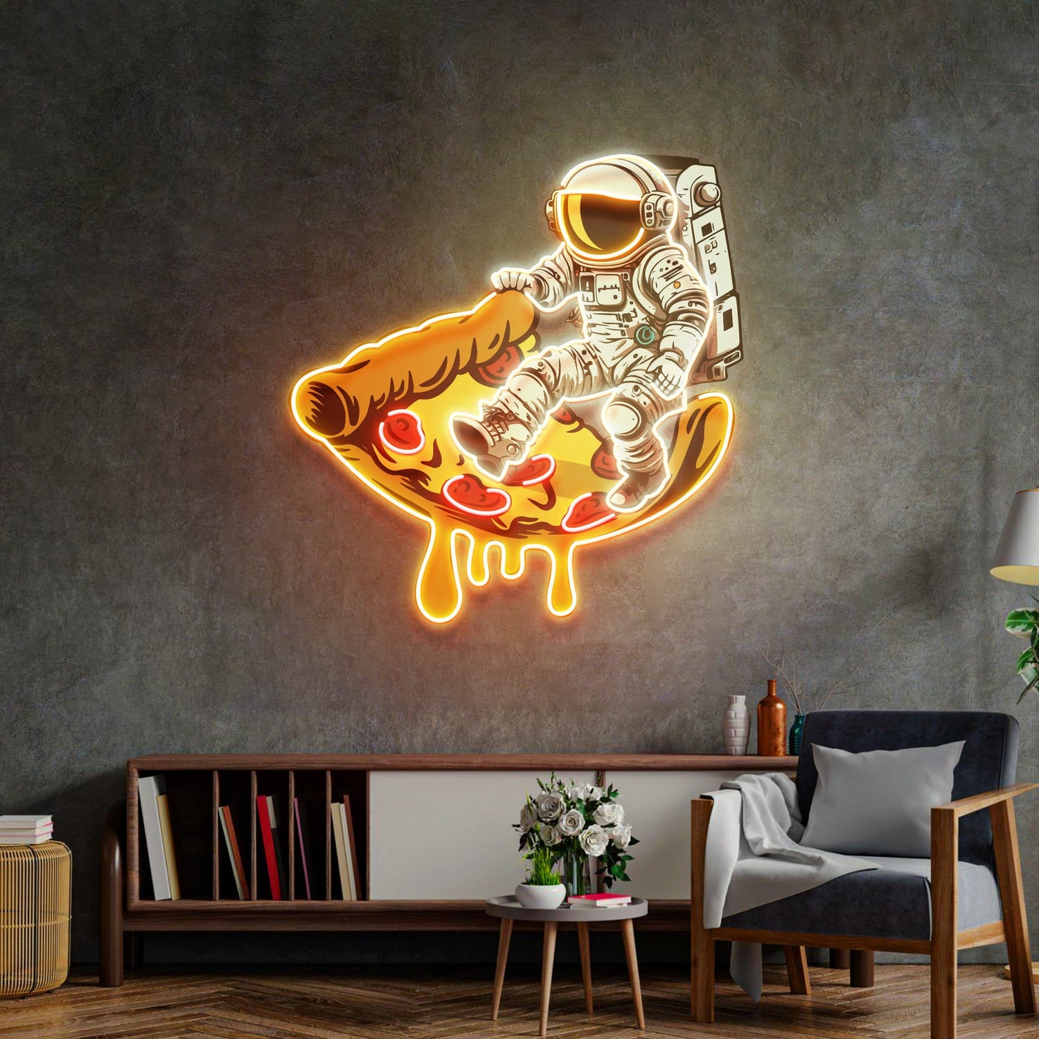 Astronaut On Pizza Neon Sign - Astronaut Wall Art | Custom Business Logo LED Light |  Coffee Shop Decor | FunkyDecors