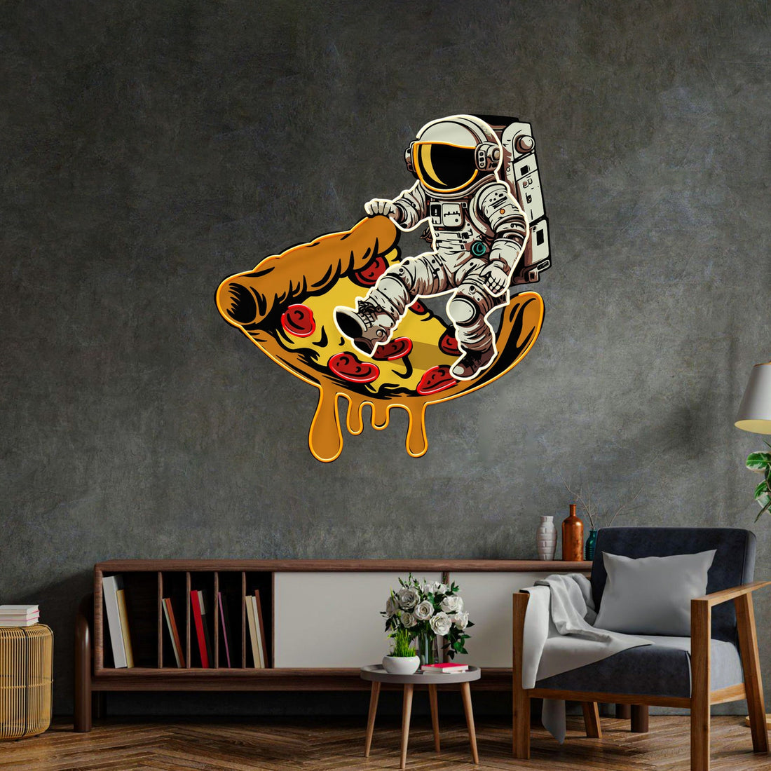 Astronaut On Pizza Neon Sign - Astronaut Wall Art | Custom Business Logo LED Light |  Coffee Shop Decor | FunkyDecors