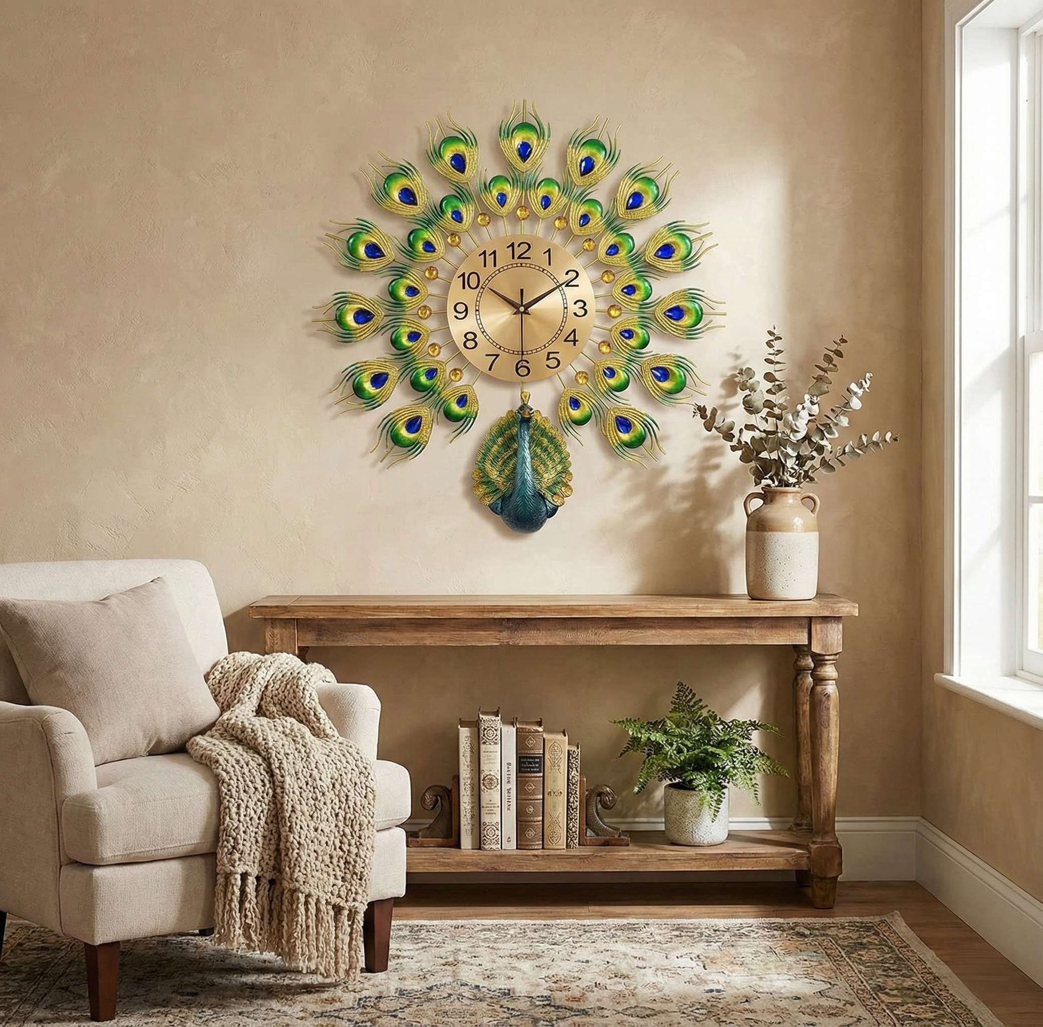 FunkyDecors Royal Peacock Metal Wall Clock - 3D Luxury Wall Art &amp; Home Decor (55x55 cm)