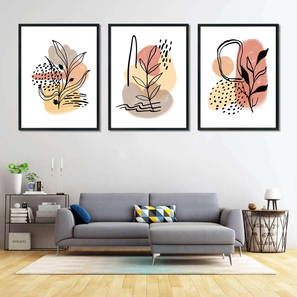 Leafy Aesthetic Abstract 3 Panels Art Frame For Wall Decor- Funkydecors Xs / Black Posters Prints &amp;