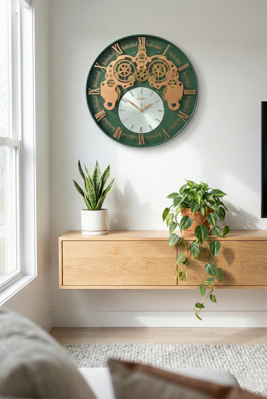 luxury open gear wall clock green dial 16x16 inch