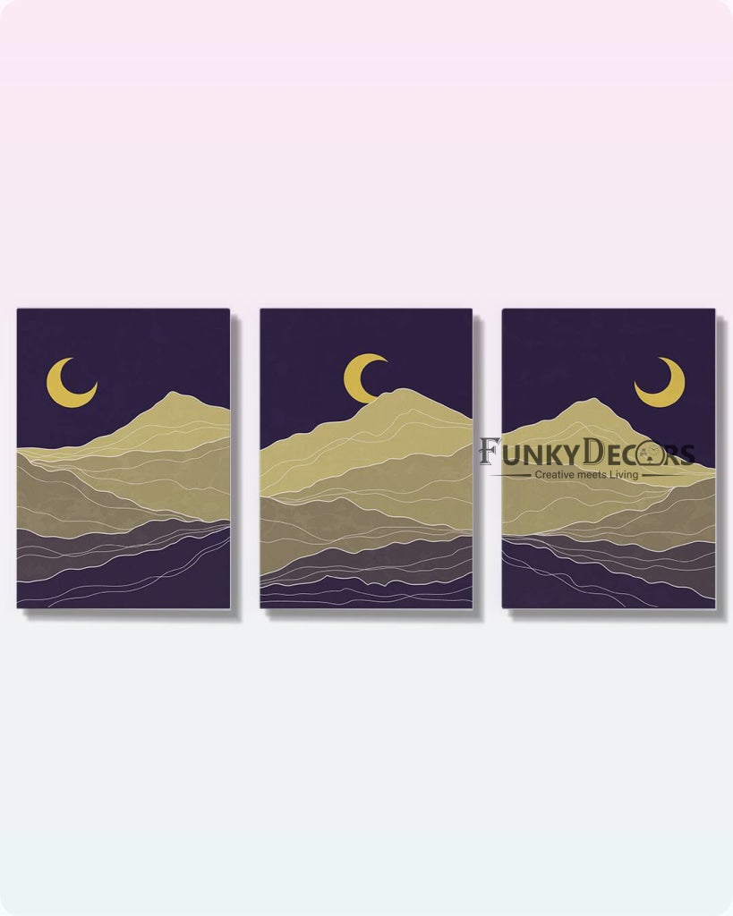 Midnight Moon - Abstract 3 Panels Art Frame For Wall Decor- Funkydecors Posters Prints & Visual