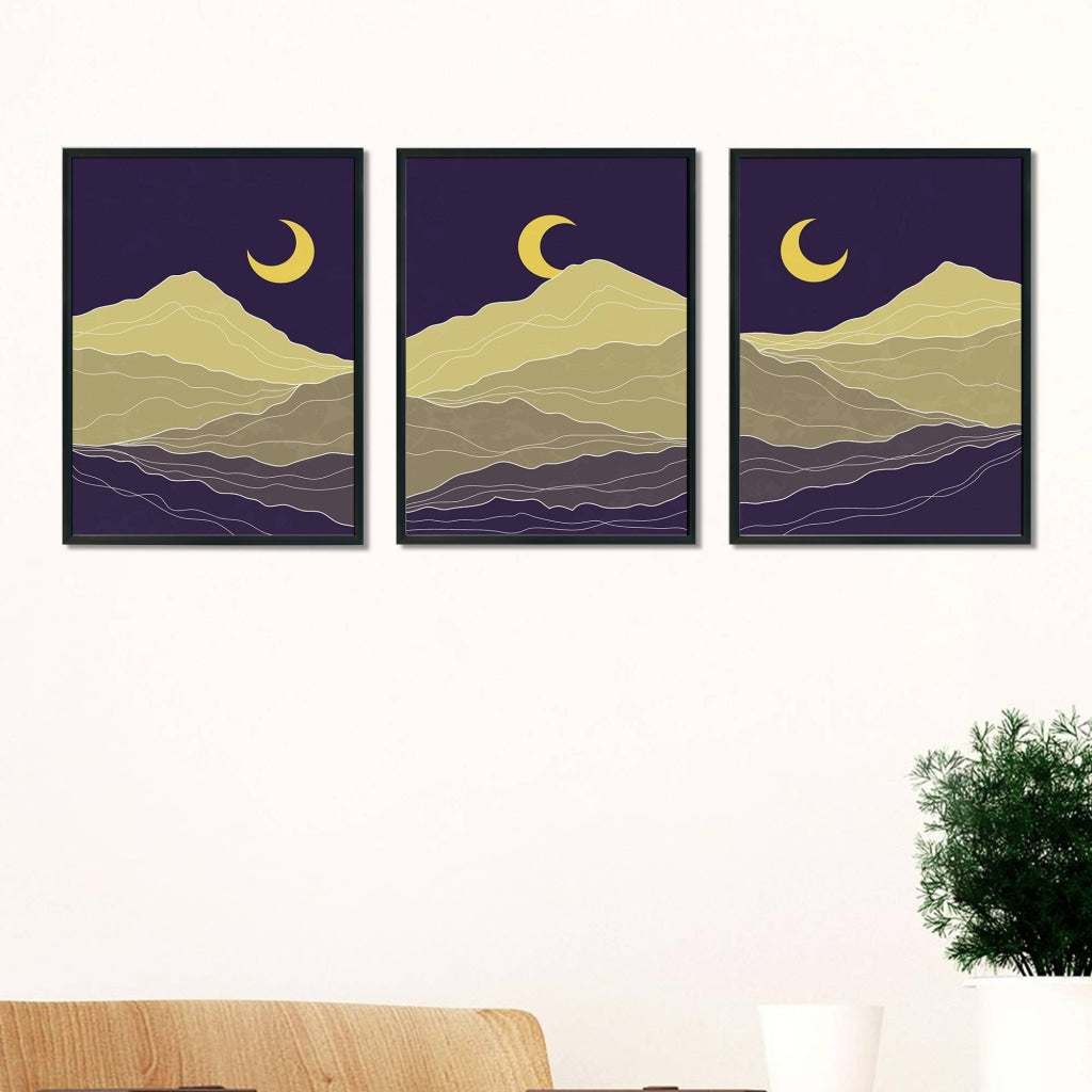 Midnight Moon - Abstract 3 Panels Art Frame For Wall Decor- Funkydecors Xs / Black Posters Prints &