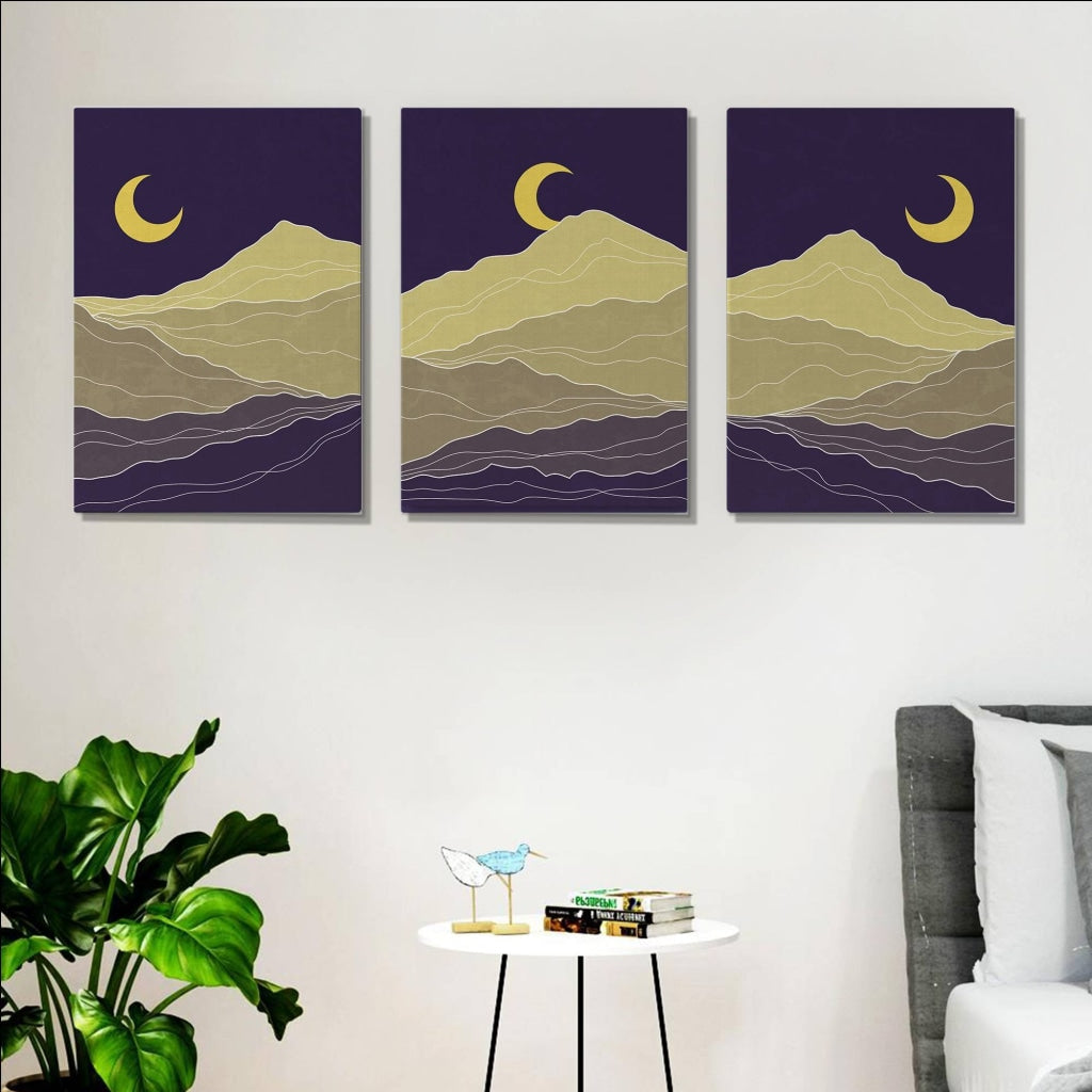 Midnight Moon - Abstract 3 Panels Art Frame For Wall Decor- Funkydecors Xs / Canvas Posters Prints &