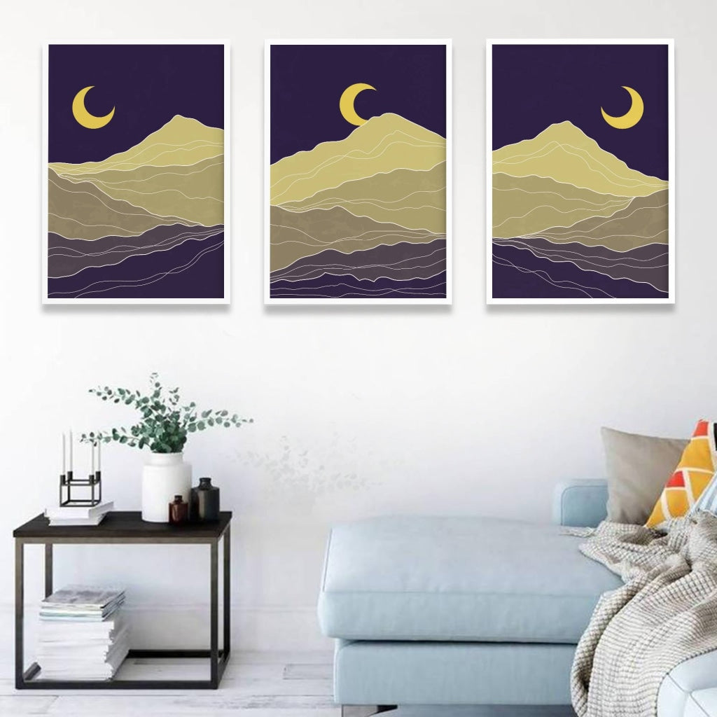 Midnight Moon - Abstract 3 Panels Art Frame For Wall Decor- Funkydecors Xs / White Posters Prints &