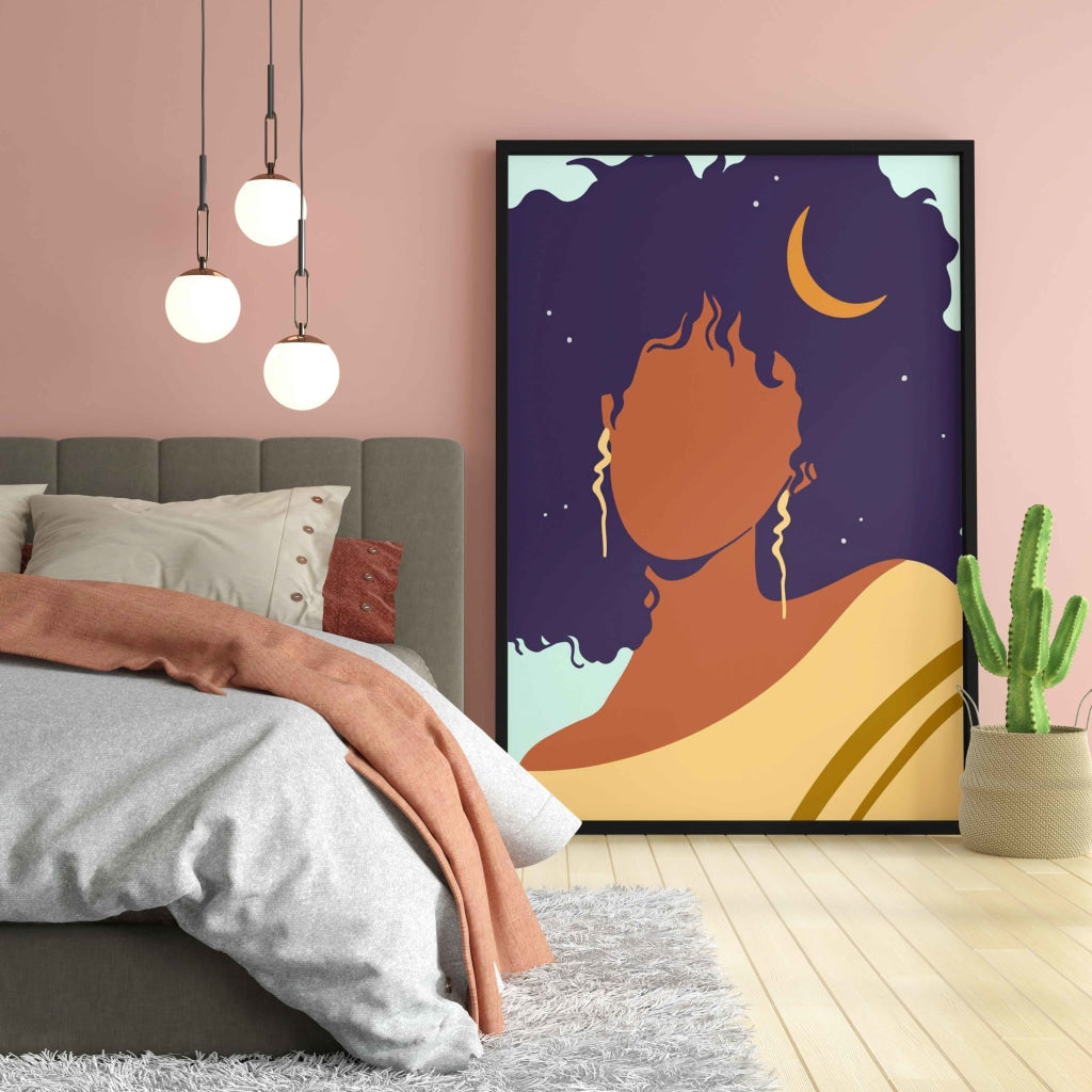 Moon On Curls Boho Women Art Frame For Wall Decor- Funkydecors Xs / Black Posters Prints & Visual