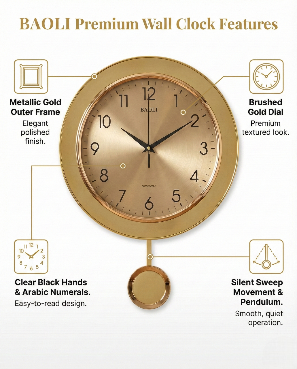 premium wall clock with features highlighted on a white background