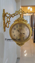 Load and play video in Gallery viewer, FunkyTradition Royal Antique-Look Golden Round Wall Hanging Double Sided Two Faces Retro Station Home Decor Wall Clock 55 cm Tall
