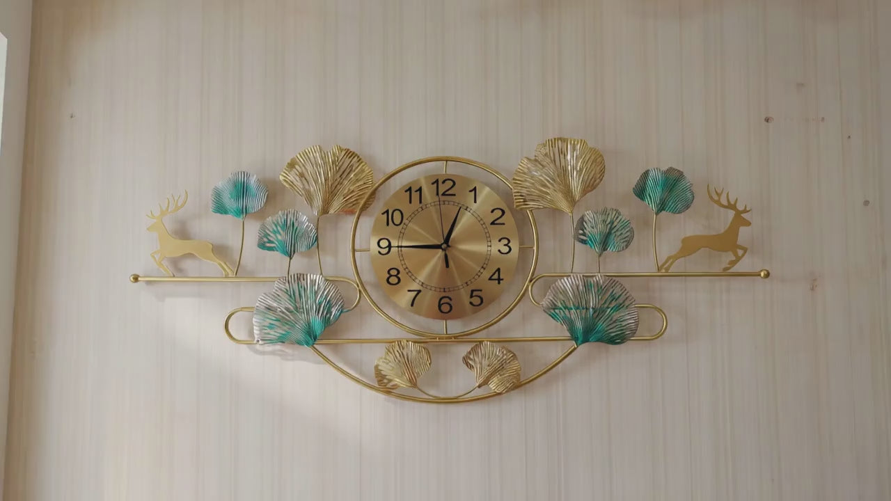Large Ginkgo Deer Metal Wall Clock | Luxury Gold Decor