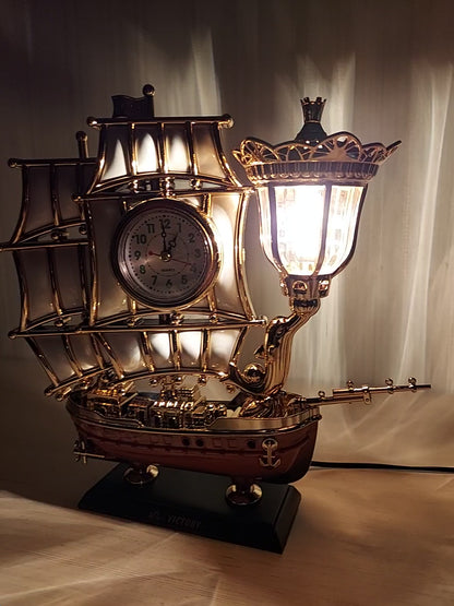 FunkyTradition Vintage Pirates Ship Table Lamp with Alarm Clock for Christmas, Anniversary, Birthday Gift, Home and Office Decor