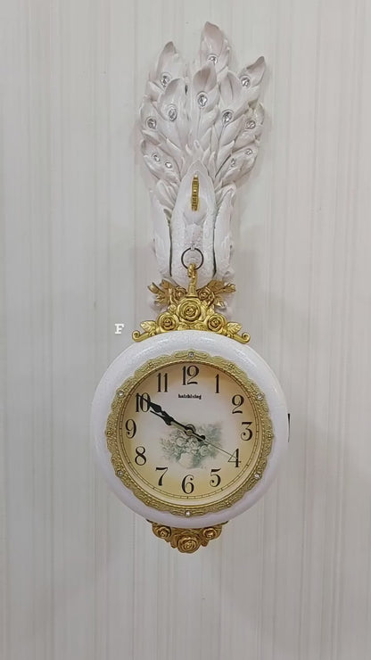 FunkyTradition Royal White Dual Hanging Peacock Wall Clock for Home Office Decor and Gifts 75 CM Tall