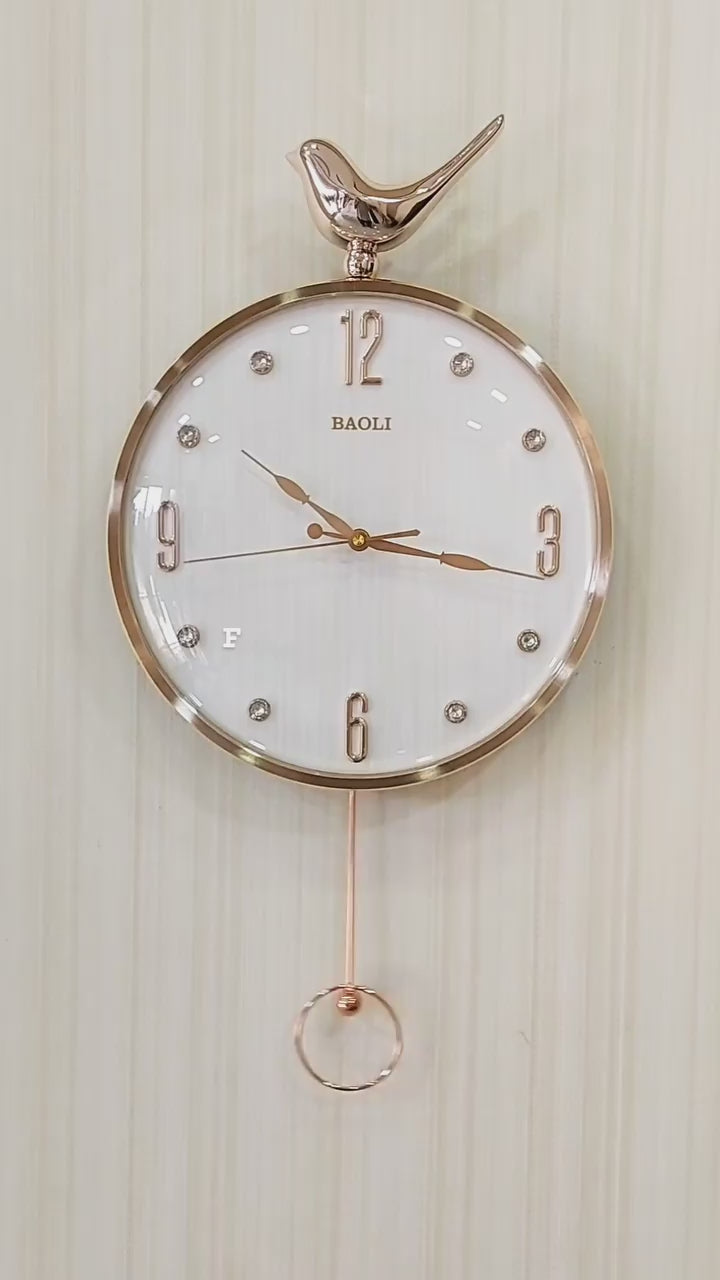 FunkyDecors Rose Gold White Sparrow Pendulum Wall Clock Wall Clock, Wall Decor for Home Office and Gifts 60 CM Tall