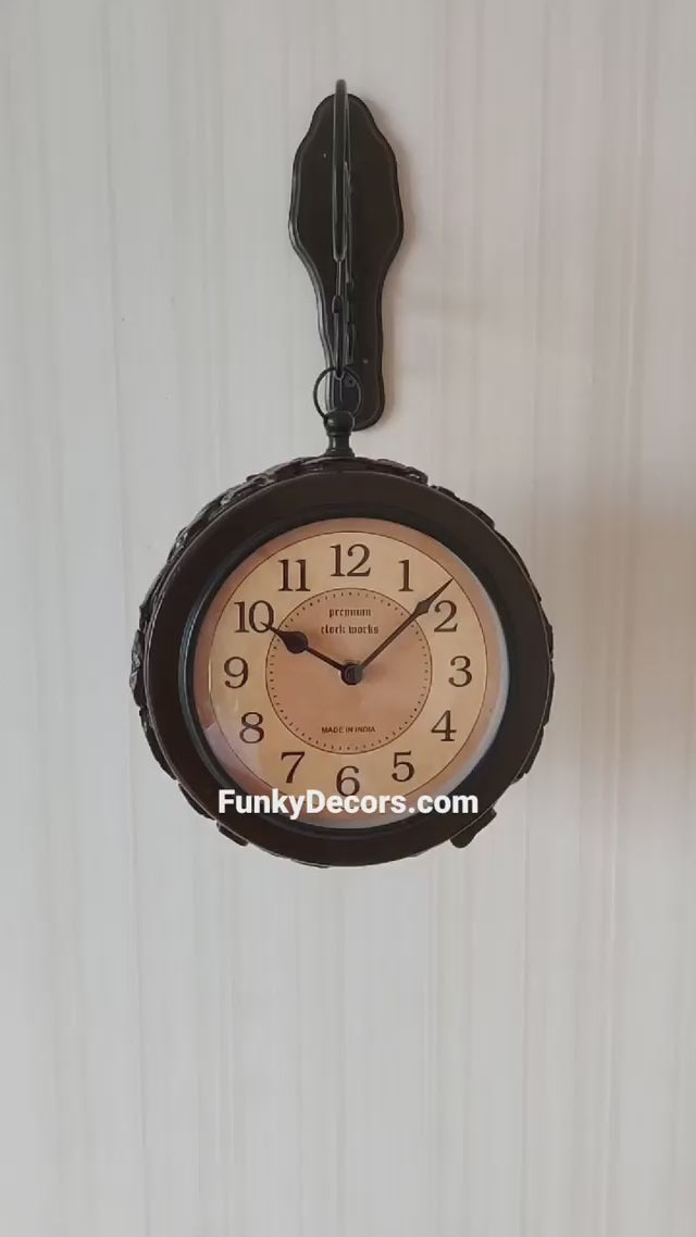FunkyDecors Royal Wooden Antique-Look Brown Round Wall Hanging Double Sided 2 Faces Retro Station Wall Clock