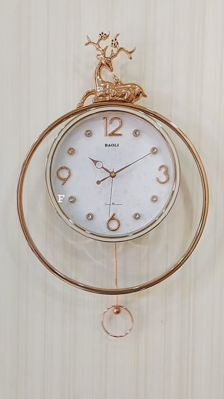 FunkyDecors Rose Gold White Reindeer Pendulum Wall Clock Wall Clock, Wall Decor for Home Office and Gifts 65 CM Tall