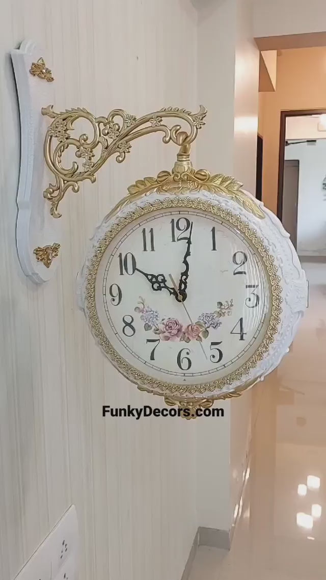 FunkyDecors Royal Antique-Look White Round Wall Hanging Double Sided Two Faces Retro Station Home Decor Wall Clock 55 cm Tall