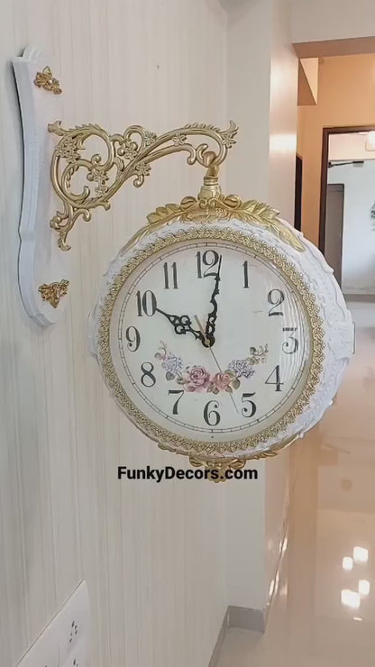 FunkyTradition Royal Antique-Look White Round Wall Hanging Double Sided Two Faces Retro Station Home Decor Wall Clock 55 cm Tall