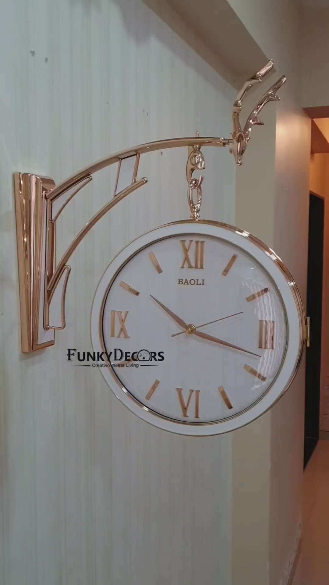 FunkyDecors Reindeer Designer Antique-Look Golden White Round Wall Hanging Double Sided 2 Faces Retro Station Wall Clock
