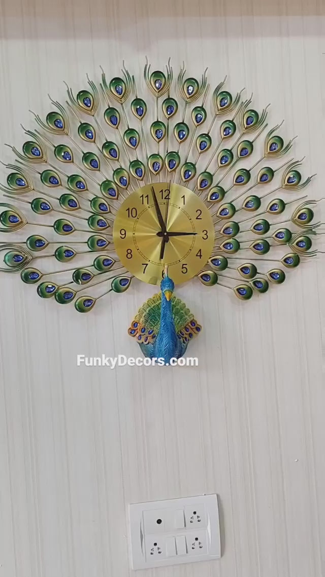 FunkyDecors 3D Peacock Feather Open Wall Clock, Wall Watch, Wall Decor for Home Office Decor and Gifts 80 CM Tall