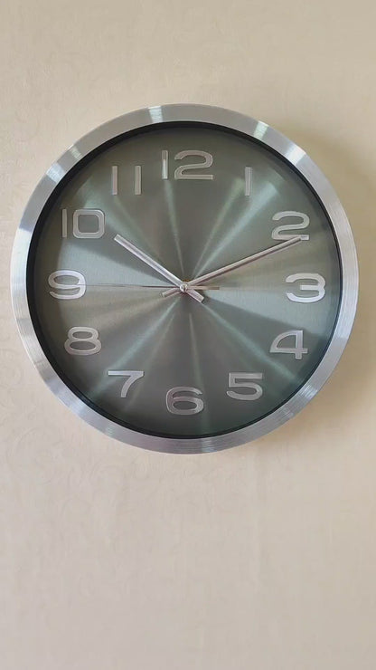Modern Silent Metal Wall Clock – 12 Inch Brushed Silver Frame & Stylish Green Dial