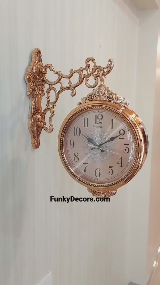 FunkyDecors Royal Antique-Look Rose Gold Round Wall Hanging Double Sided 2 Faces Retro Station Wall Clock