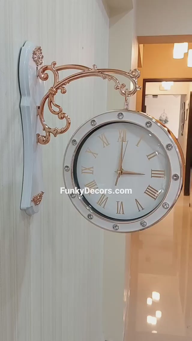 FunkyDecors Designer Antique-Look Golden White Round Wall Hanging Double Sided 2 Faces Retro Station Wall Clock