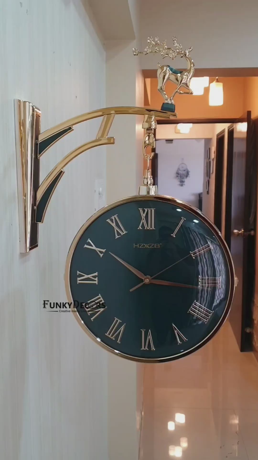 FunkyDecors Luxury Look Deer Golden Green Round Wall Hanging Double Sided 2 Faces Retro Station Wall Clock