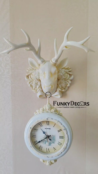 Royal Vintage Design Dual Hanging Reindeer Head Wall Clock for Home Office Decor and Gifts 75 CM Tall