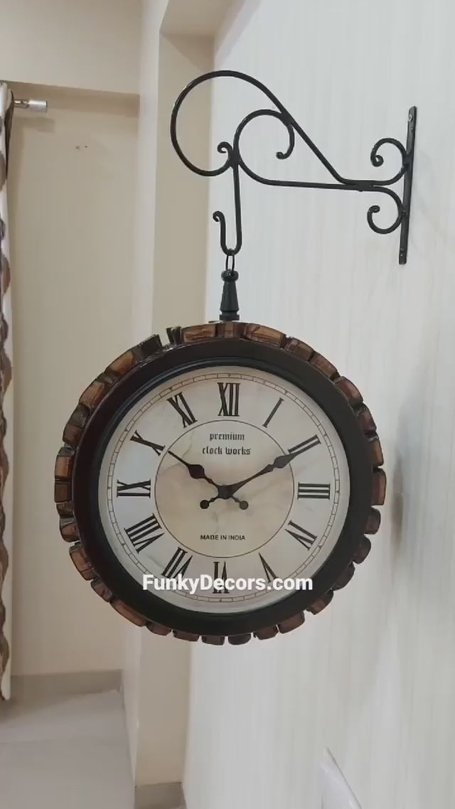 FunkyDecors Royal Wooden Antique-Look Brown Round Wall Hanging Double Sided 2 Faces Retro Station Wall Clock