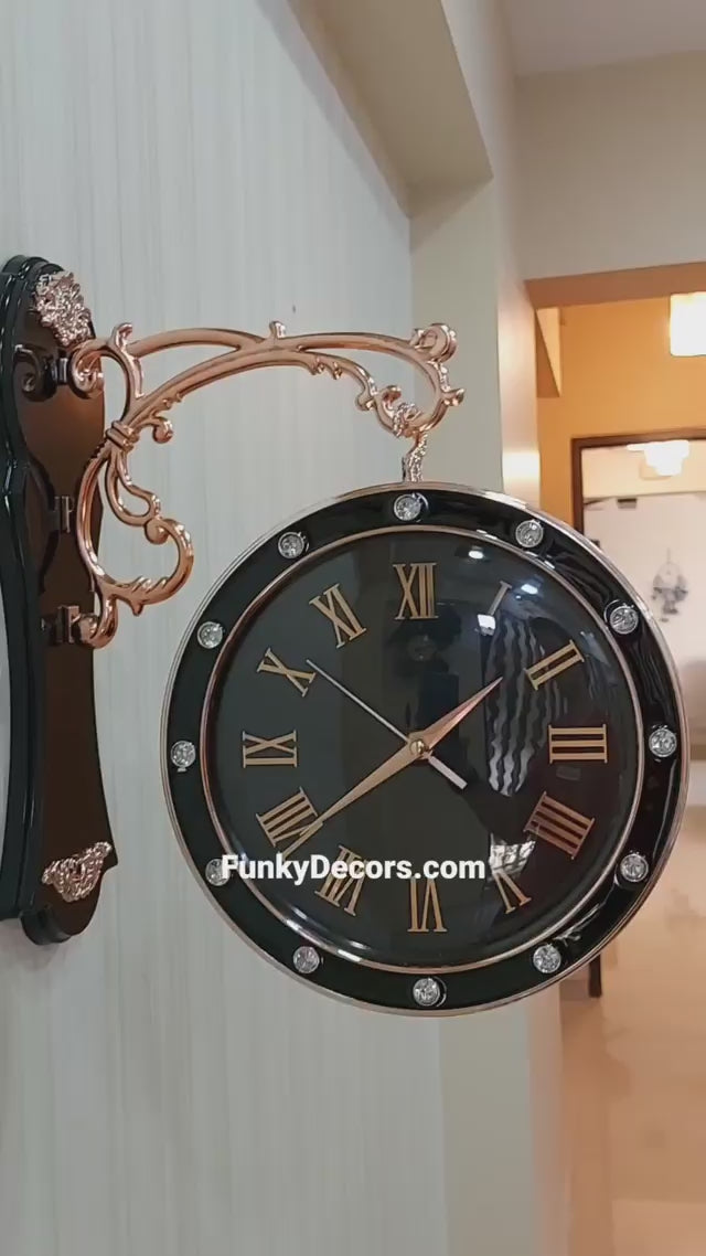 FunkyDecors Designer Antique-Look Golden Black Round Wall Hanging Double Sided 2 Faces Retro Station Wall Clock