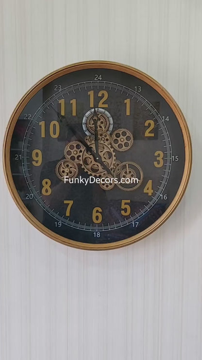 FunkyTradition Metallic Royal Retro Style Metal Wall Clock with Glass Frame and Moving Gear Chronograph Working Wall Watch 62 CM Tall