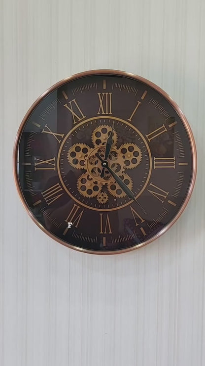FunkyTradition Rose Gold Royal Retro Style Metal Wall Clock with Glass Frame and Moving Gear Chronograph Working Wall Watch 52 CM Tall