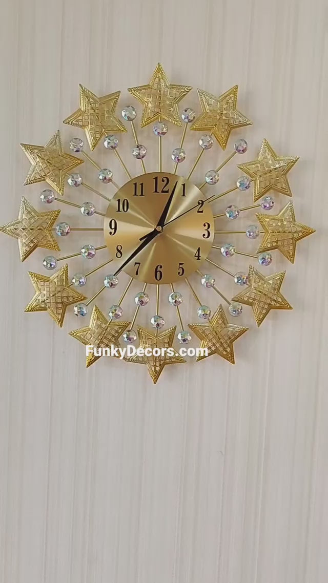 FunkyDecors 3D Golden Star Pallets Diamond Studded Wall Clock, Wall Watch, Wall Decor for Home Office Decor and Gifts 50 CM Tall