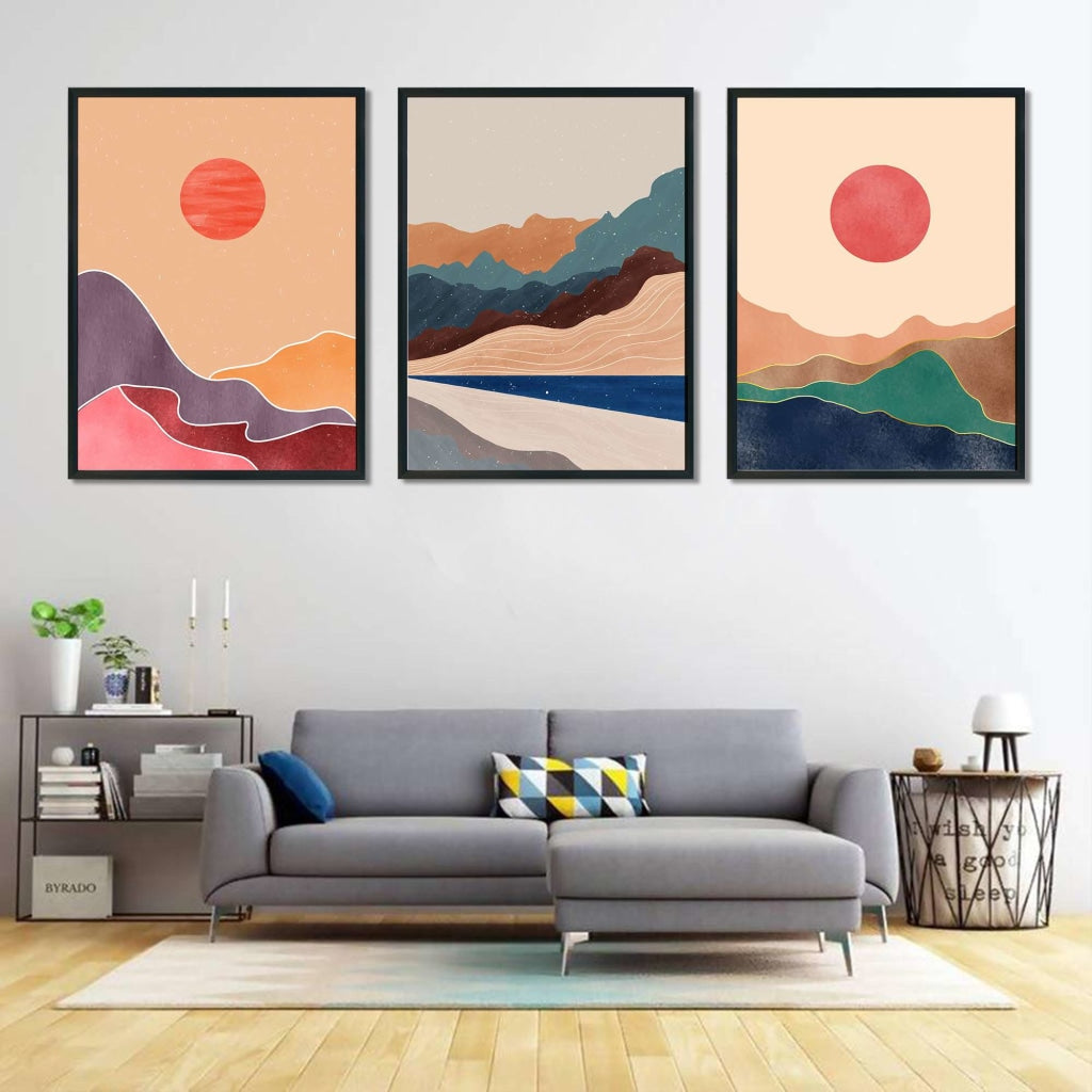 Rising Sun - Abstract 3 Panels Art Frame For Wall Decor- Funkydecors Xs / Black Posters Prints &amp;