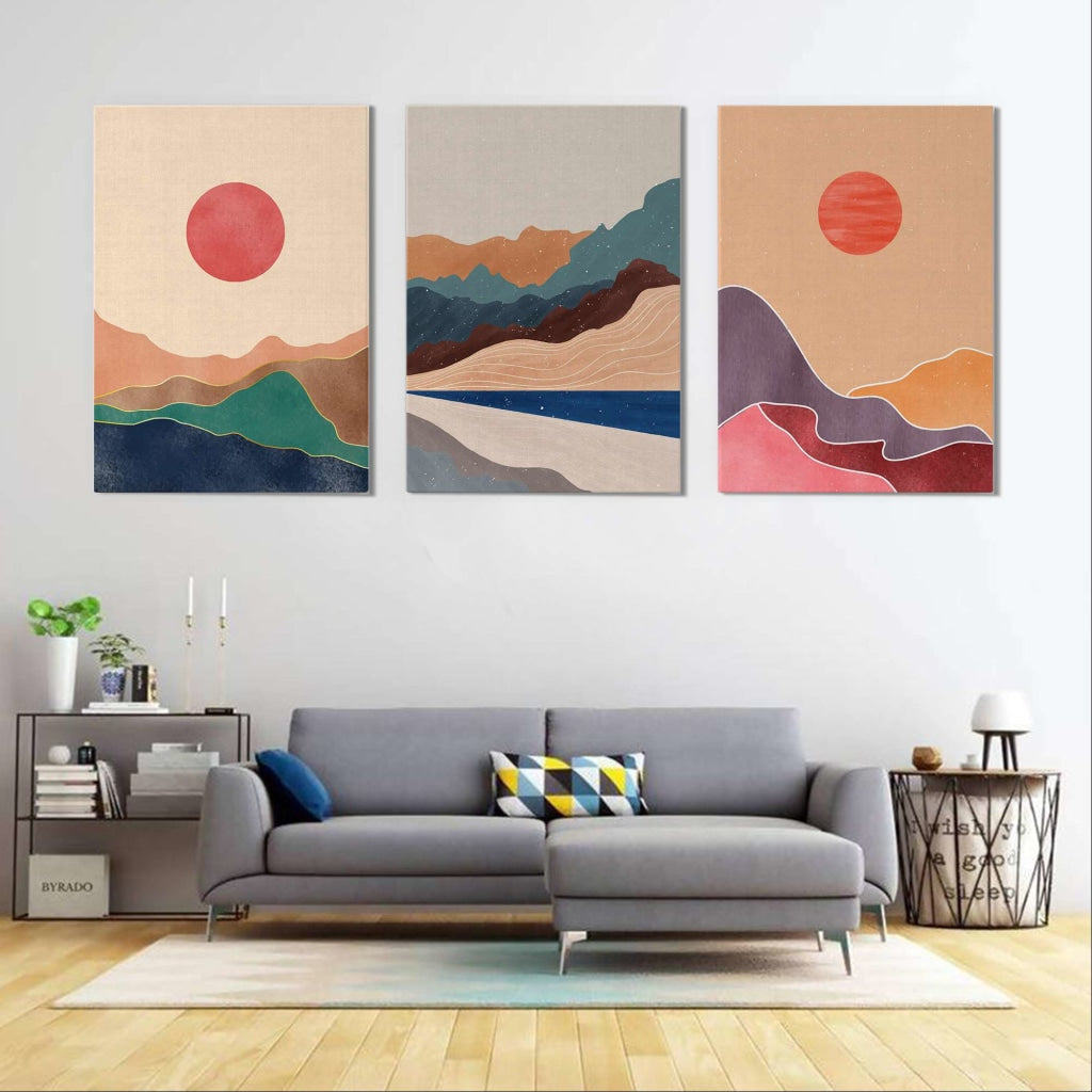 Rising Sun - Abstract 3 Panels Art Frame For Wall Decor- Funkydecors Xs / Canvas Posters Prints &