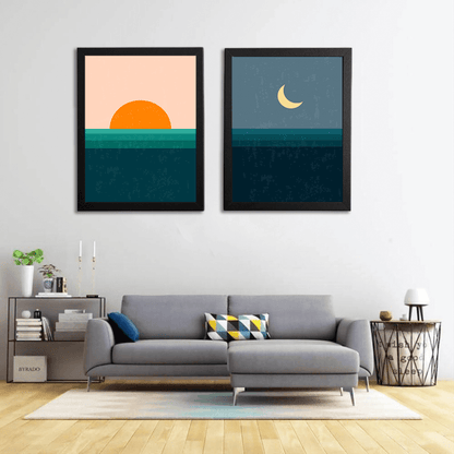 Sun And Moon Minimal 2 Panels Art Frame For Wall Decor- Funkydecors Xs / Black Posters Prints &