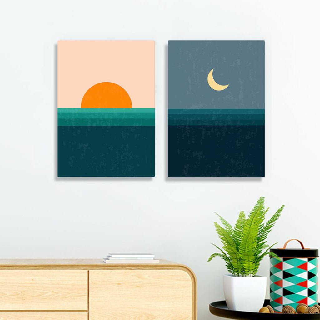 Sun And Moon Minimal 2 Panels Art Frame For Wall Decor- Funkydecors Xs / Canvas Posters Prints &