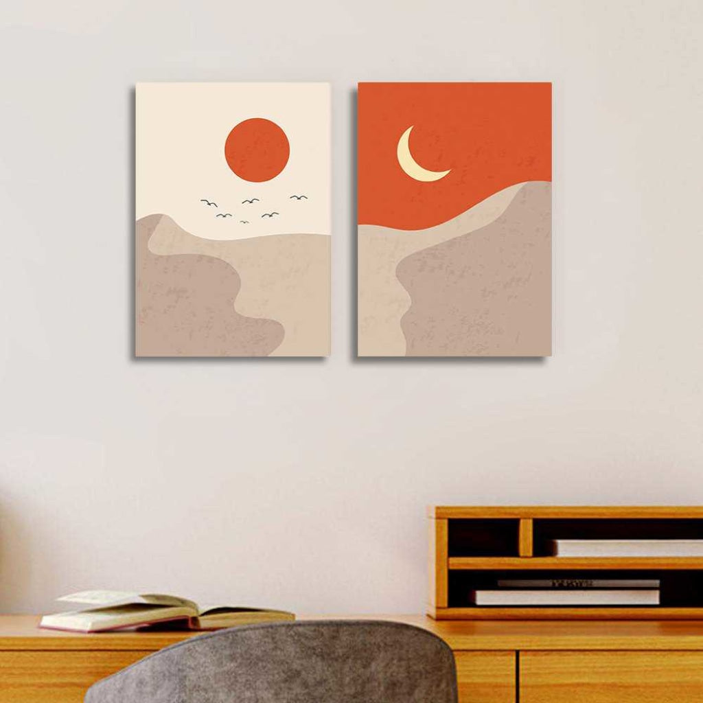 Sun And Moon - Minimal 2 Panels Art Frame For Wall Decor- Funkydecors Xs / Canvas Posters Prints &