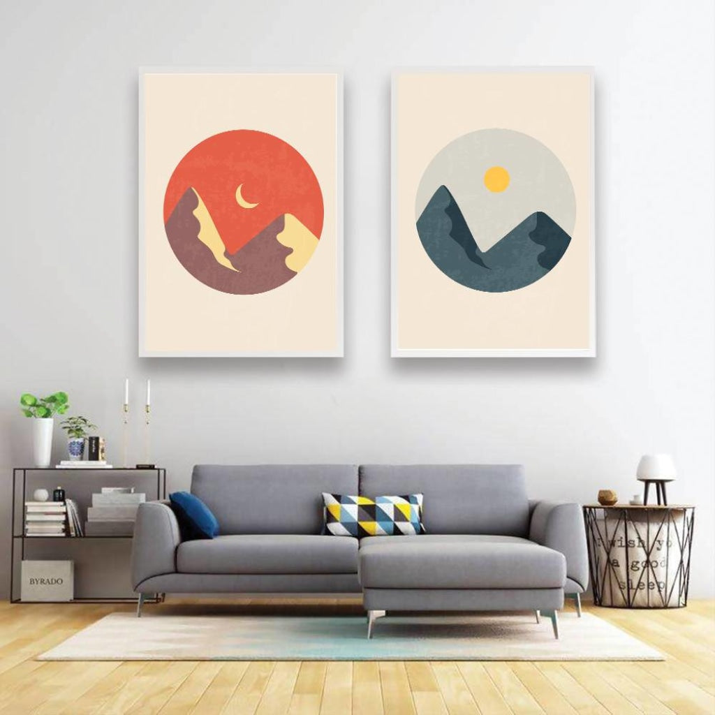 Sun And Moon - Minimal 2 Panels Art Frame For Wall Decor- Funkydecors Xs / White Posters Prints &