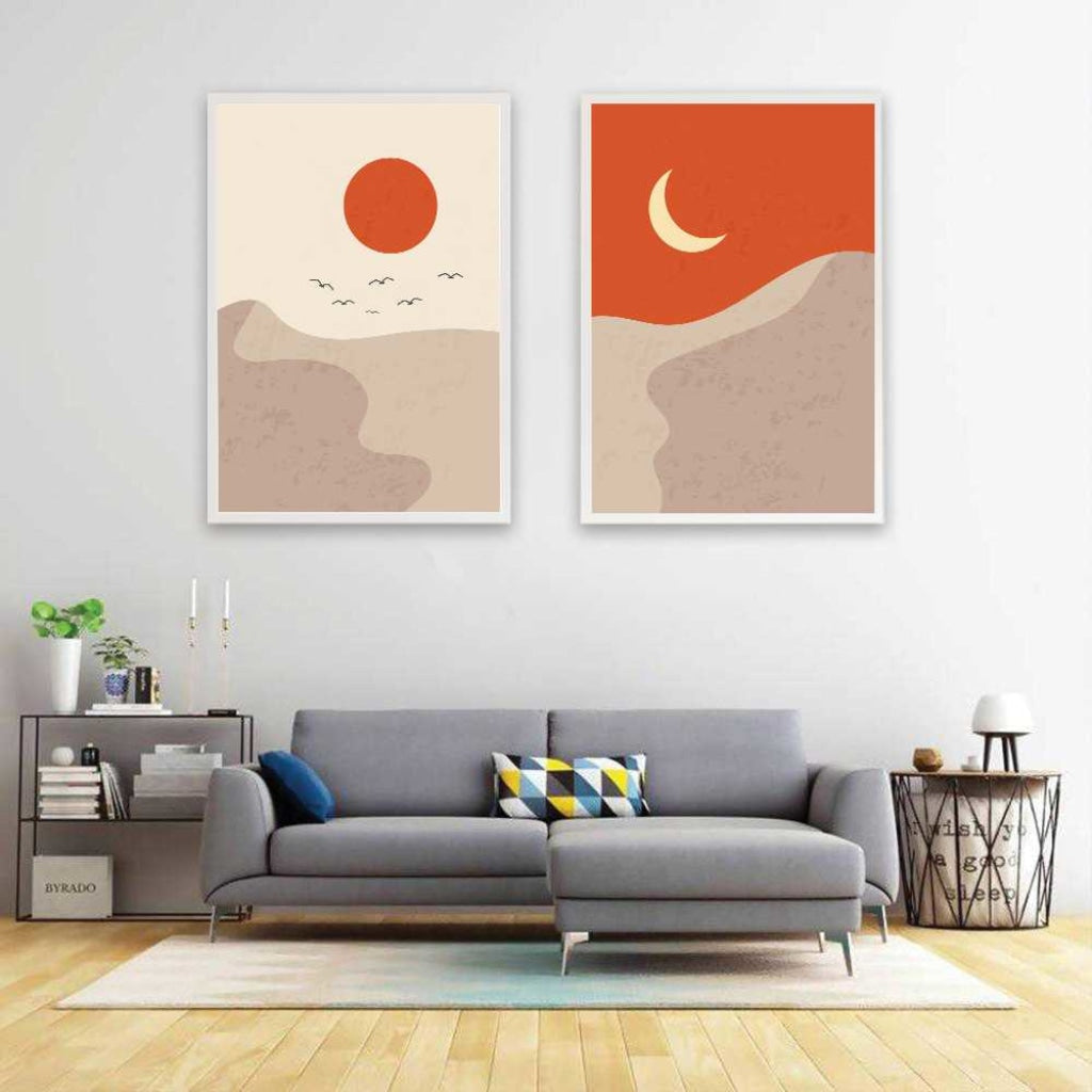 Sun And Moon - Minimal 2 Panels Art Frame For Wall Decor- Funkydecors Xs / White Posters Prints &