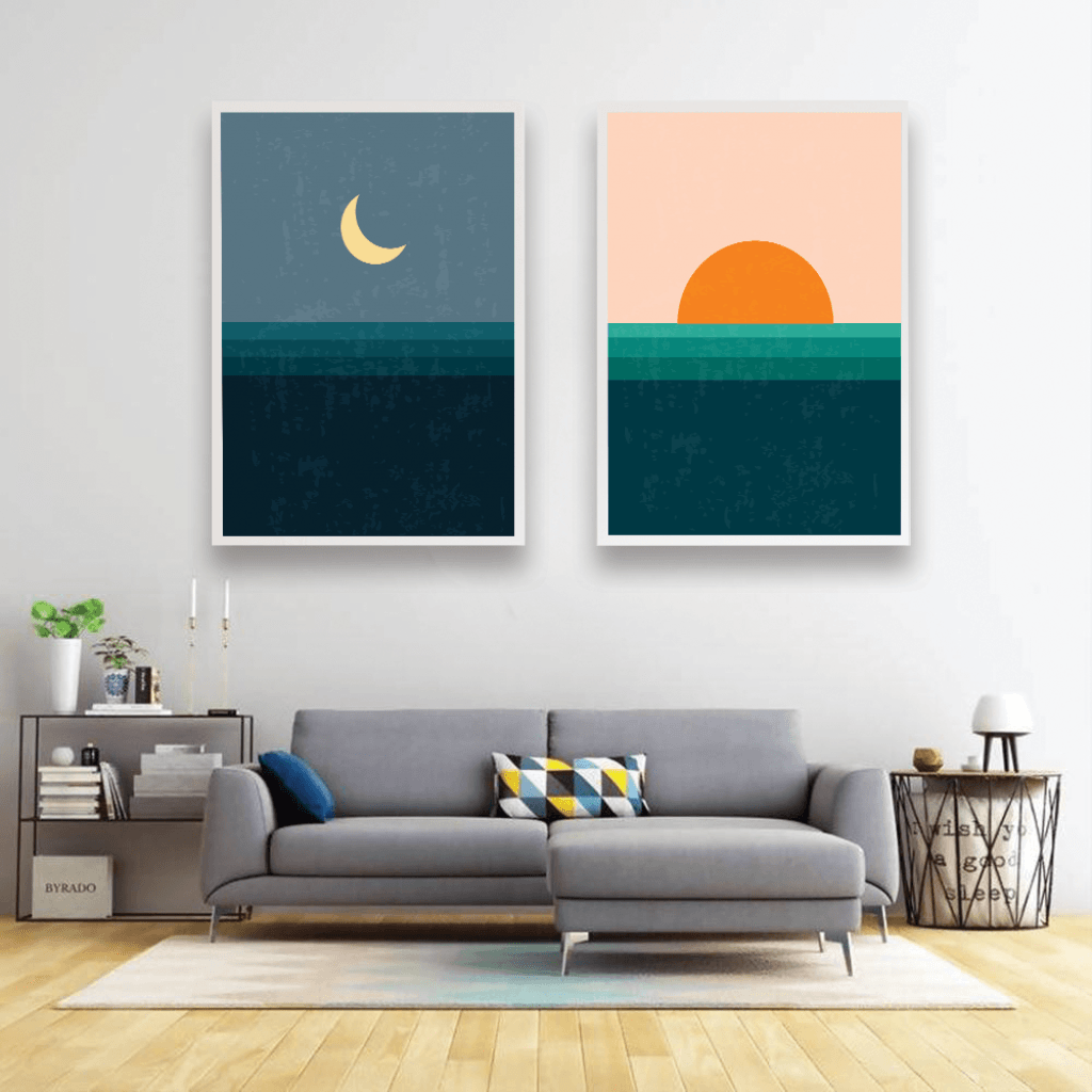 Sun And Moon Minimal 2 Panels Art Frame For Wall Decor- Funkydecors Xs / White Posters Prints &amp;