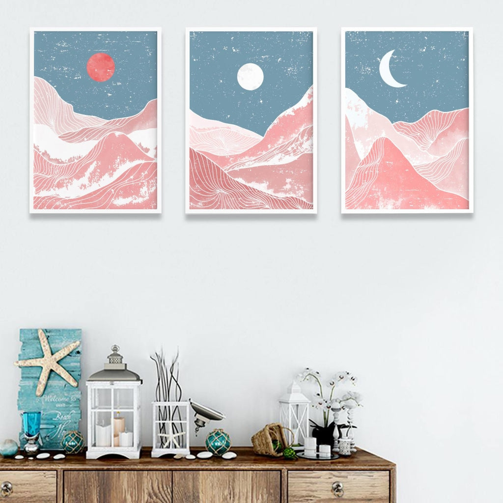 Sun And Moon - Minimal 3 Panels Art Frame For Wall Decor- Funkydecors Xs / White Posters Prints &