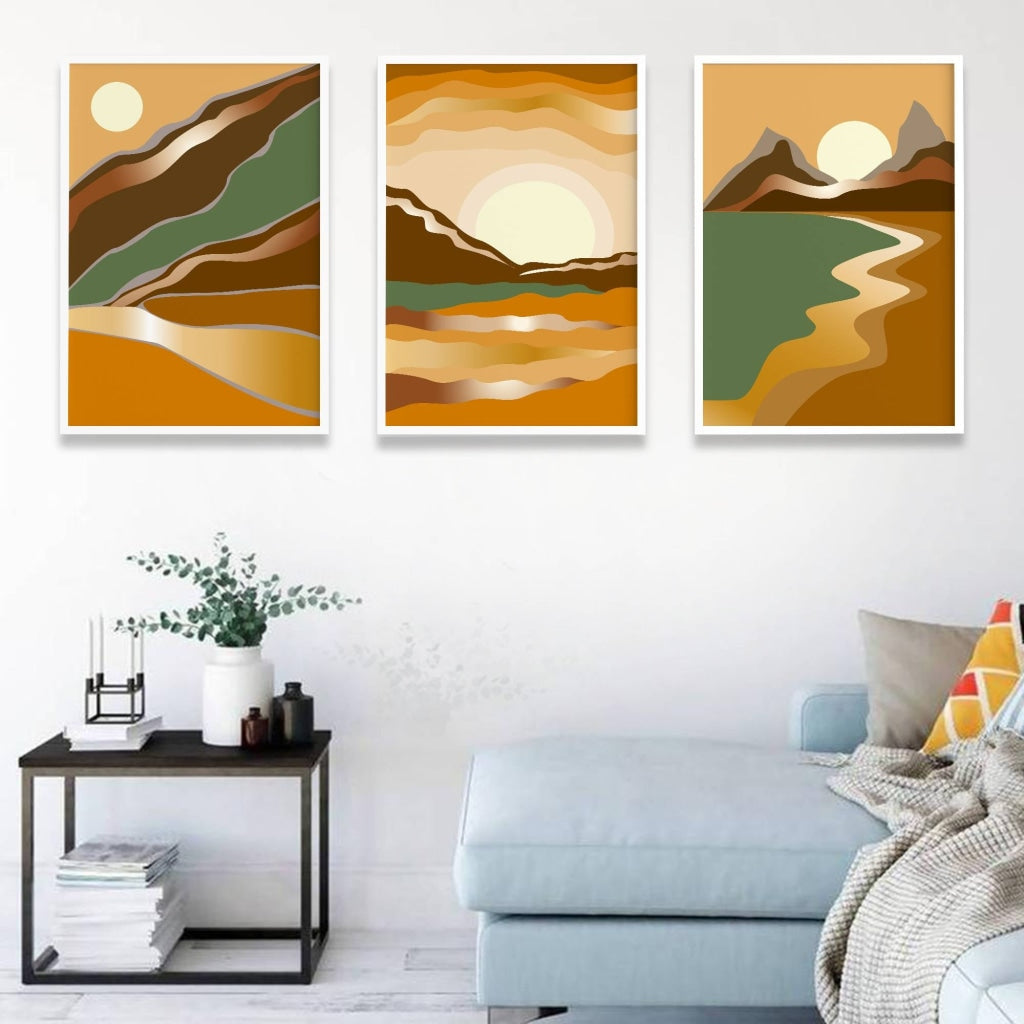 Sunrise - Abstract 3 Panels Art Frame For Wall Decor- Funkydecors Xs / White Posters Prints &amp; Visual