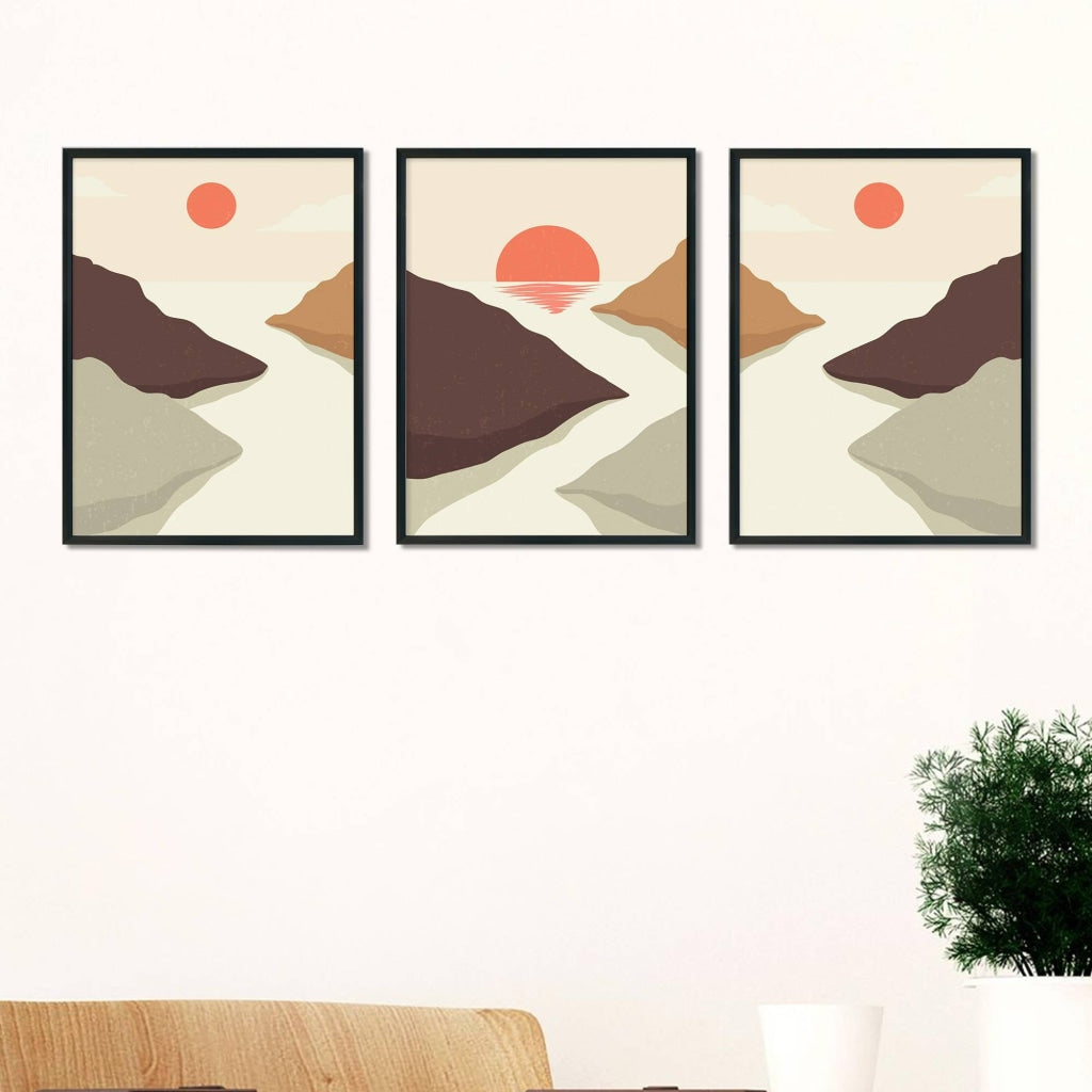 Sunset - Abstract 3 Panels Art Frame For Wall Decor- Funkydecors Xs / Black Posters Prints &amp; Visual